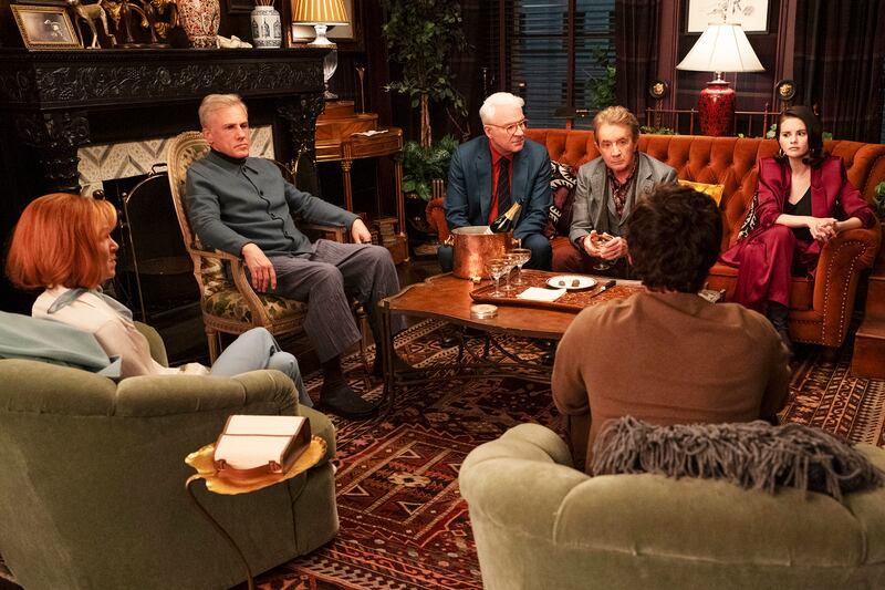 Renée Zellweger, Christoph Waltz, Steve Martin, Martin Short, and Selena Gomez in Only Murders in the Building.