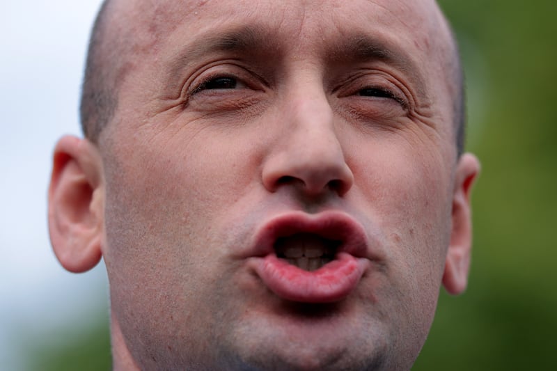 WASHINGTON, DC - MAY 09: White House Deputy Chief of Staff Stephen Miller talks to reporters outside of the White House West Wing on May 09, 2025 in Washington, DC. Miller talked about recent federal court rulings on immigration, calling them part of a "judicial coup" against the administration of President Donald Trump. (Photo by Chip Somodevilla/Getty Images)