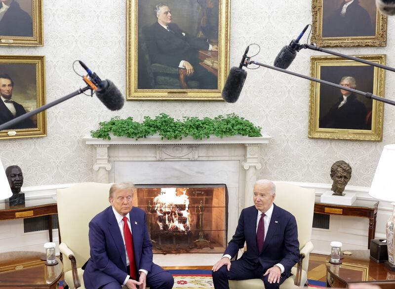 President Joe Biden meets with President-elect Donald Trump in the Oval Office of the White House on November 13, 2024 in Washington, D.C.