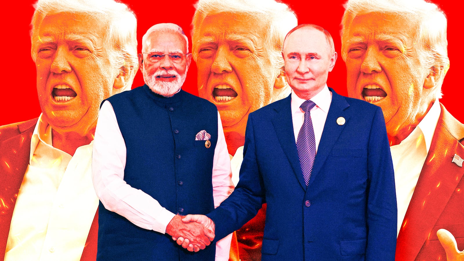 A photo illustration of President Donald Trump, Narendra Modi and Vladimir Putin.