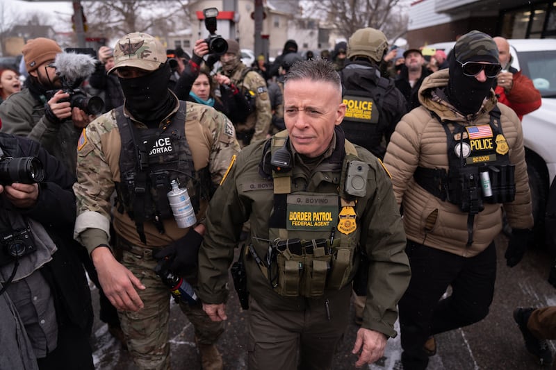 MINNESOTA, UNITED STATES - JANUARY 21: U.S. Customs and Border Protection (CBP) Commissioner Gregory Bovino with his security team while a group of citizens opposed to the country's immigration policies protested him in Minnesota on January 21, 2026. (Photo by Lokman Vural Elibol/Anadolu via Getty Images)