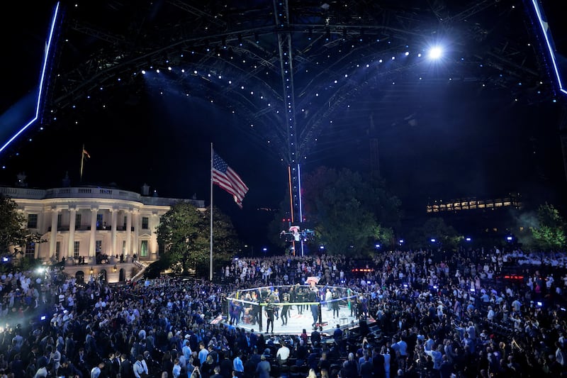 Justin Gaethje celebrates defeating Ilia Topuria in their lightweight championship bout at UFC Freedom 250 on the South Lawn of the White House in Washington, D.C., U.S., June 15, 2026.
