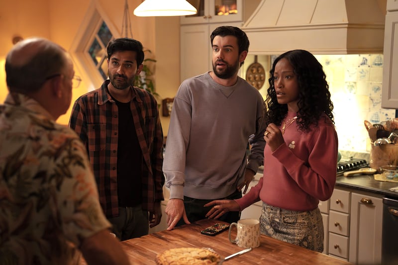 (l-r) Kapil Talwakar as Naveen, Jack Whitehall as Rob, and Keke Palmer as Samira.