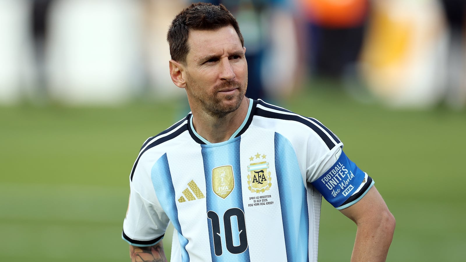 EAST RUTHERFORD, NEW JERSEY - JULY 19: Lionel Messi of Argentina looks dejected at full time after being defeated 1-0 AET during the FIFA World Cup 2026 Final match between Spain and Argentina at New York New Jersey Stadium on July 19, 2026 in East Rutherford, New Jersey. (Photo by Ian MacNicol/Getty Images)