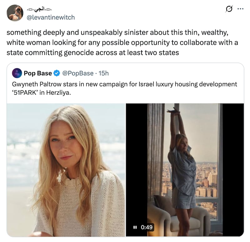 A user on X posting about Gwyneth Paltrow's campaign.