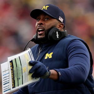 ANN ARBOR, MICHIGAN - NOVEMBER 29: Head coach Sherrone Moore of the Michigan Wolverines reacts against the Ohio State Buckeyes at Michigan Stadium on November 29, 2025 in Ann Arbor, Michigan. (Photo by Luke Hales/Getty Images)