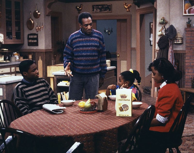 THE COSBY SHOW -- "Where's Rudy?" Episode 10 -- Pictured: (l-r) Malcolm-Jamal Warner as Theodore 'Theo' Huxtable, Bill Cosby as Dr. Heathcliff 'Cliff' Huxtable, Keshia Knight Pulliam as Rudy Huxtable, Tempestt Bledsoe as Vanessa Huxtable -- Photo by: NBCU Photo Bank