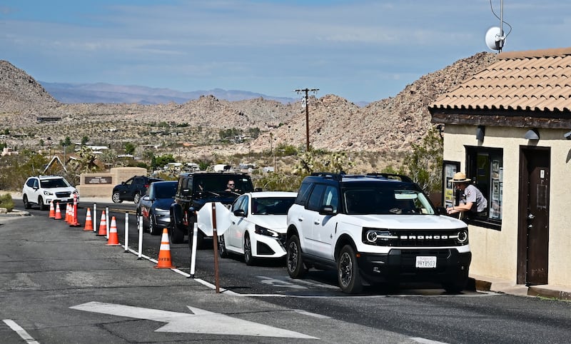 Vehicles wait in line to enter Joshua Tree National Park in California, on October 10, 2025.