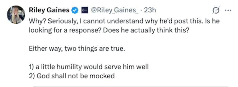 Riley Gaines reacts to Trump’s Christ post.