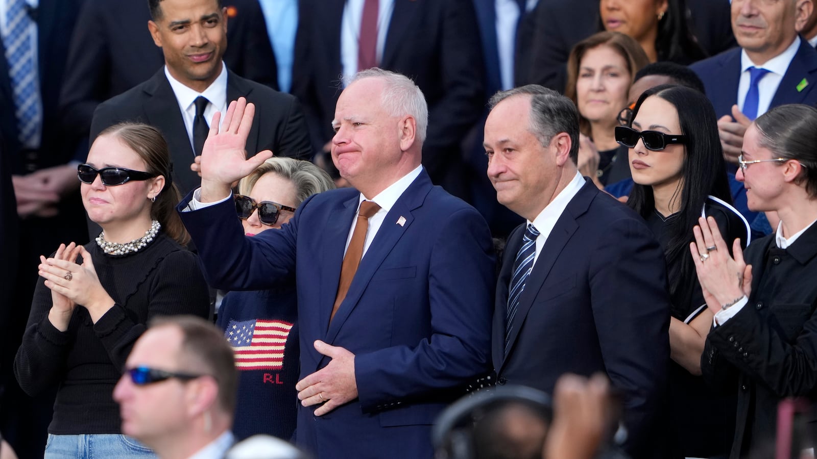 WASHINGTON, DC - NOVEMBER 06: (L-R) Hope Walz, Democratic vice presidential nominee, Minnesota Gov. Tim Walz, Second gentleman Doug Emhoff and Ella Emhoff react as Democratic presidential nominee, U.S. Vice President Kamala Harris concedes the election, at Howard University on November 06, 2024 in Washington, DC. After a contentious campaign focused on key battleground states, the Republican presidential nominee, former U.S. President Donald Trump was projected to secure the majority of electoral votes, giving him a second term as U.S. President. Republicans also secured control of the Senate for the first time in four years. (Photo by Kent Nishimura/Getty Images)
