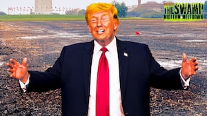 A photo illustration of Donald Trump and the dead grass in front of the Washington Monument in D.C. for The Swamp.