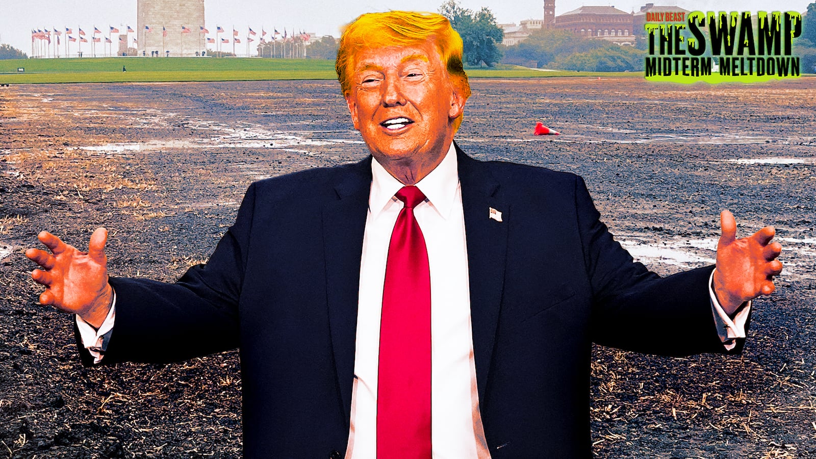 A photo illustration of Donald Trump and the dead grass in front of the Washington Monument in D.C. for The Swamp.
