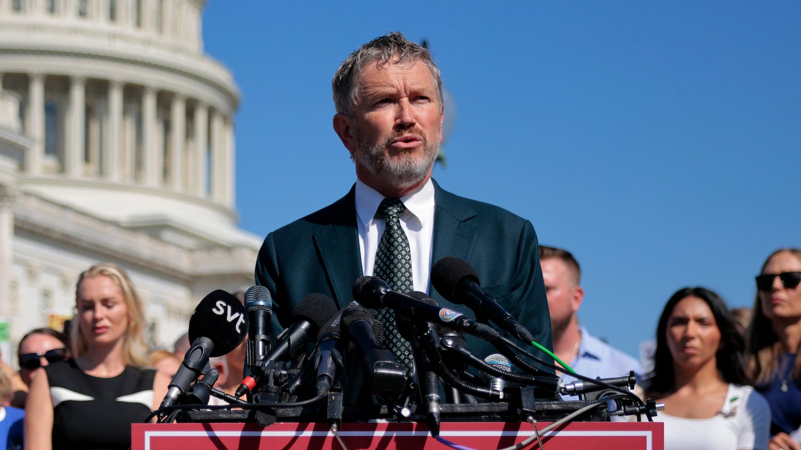 WASHINGTON, DC - SEPTEMBER 03: Rep. Thomas Massie (R-KY) speaks during a news conference with alleged victims of disgraced financier and sex trafficker Jeffrey Epstein outside the U.S. Capitol on September 03, 2025 in Washington, DC. Massie and Rep. Ro Khanna (D-CA) have introduced the Epstein List Transparency Act to force the federal government to release all unclassified records from the cases of Epstein and his associate, Ghislaine Maxwell. (Photo by Chip Somodevilla/Getty Images)