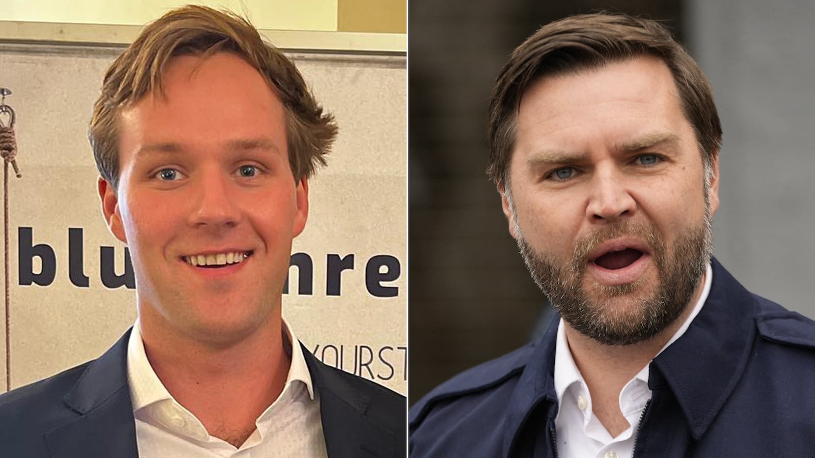 Buckley Carlson, JD Vance split image