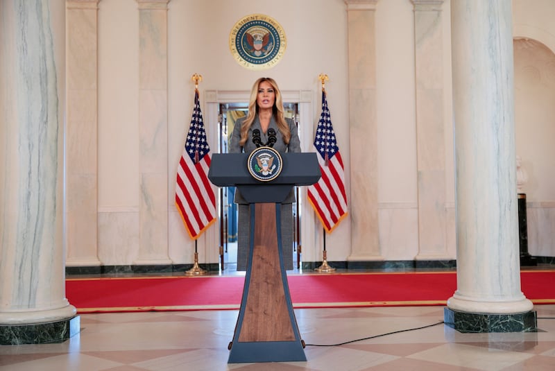 U.S. first lady Melania Trump delivers remarks regarding the late financier and convicted sex offender Jeffrey Epstein from the Grand Foyer of the White House in Washington, D.C., U.S., April 9, 2026. REUTERS/Evan Vucci
