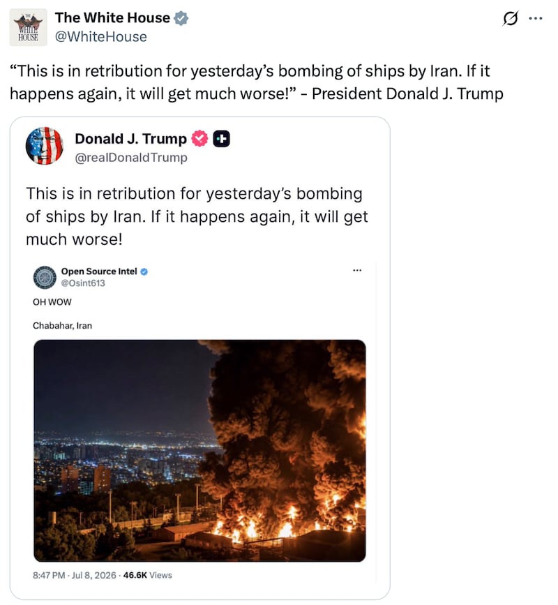 The White House share Trump's post with a year-old photo.
