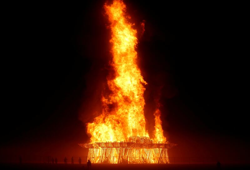 The Temple burns as approximately 70,000 people from all over the world gathered for the annual Burning Man arts and music festival in the Black Rock Desert of Nevada, U.S. September 3, 2017. REUTERS/Jim Urquhart