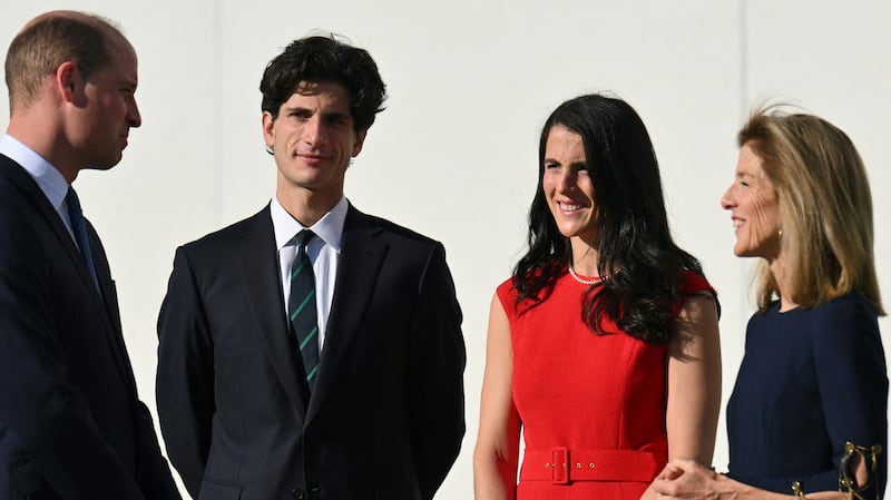 Britain's Prince William, Prince of Wales, is welcomed by US Ambassador to Australia, Caroline Kennedy (R), Jack Kennedy Schlossberg (2nd L) and Tatiana Kennedy Schlossberg to the John F. Kennedy Presidential Library and Museum in Boston, Massachusetts, December 2, 2022. (Photo by ANGELA WEISS / AFP) (Photo by ANGELA WEISS/AFP via Getty Images)