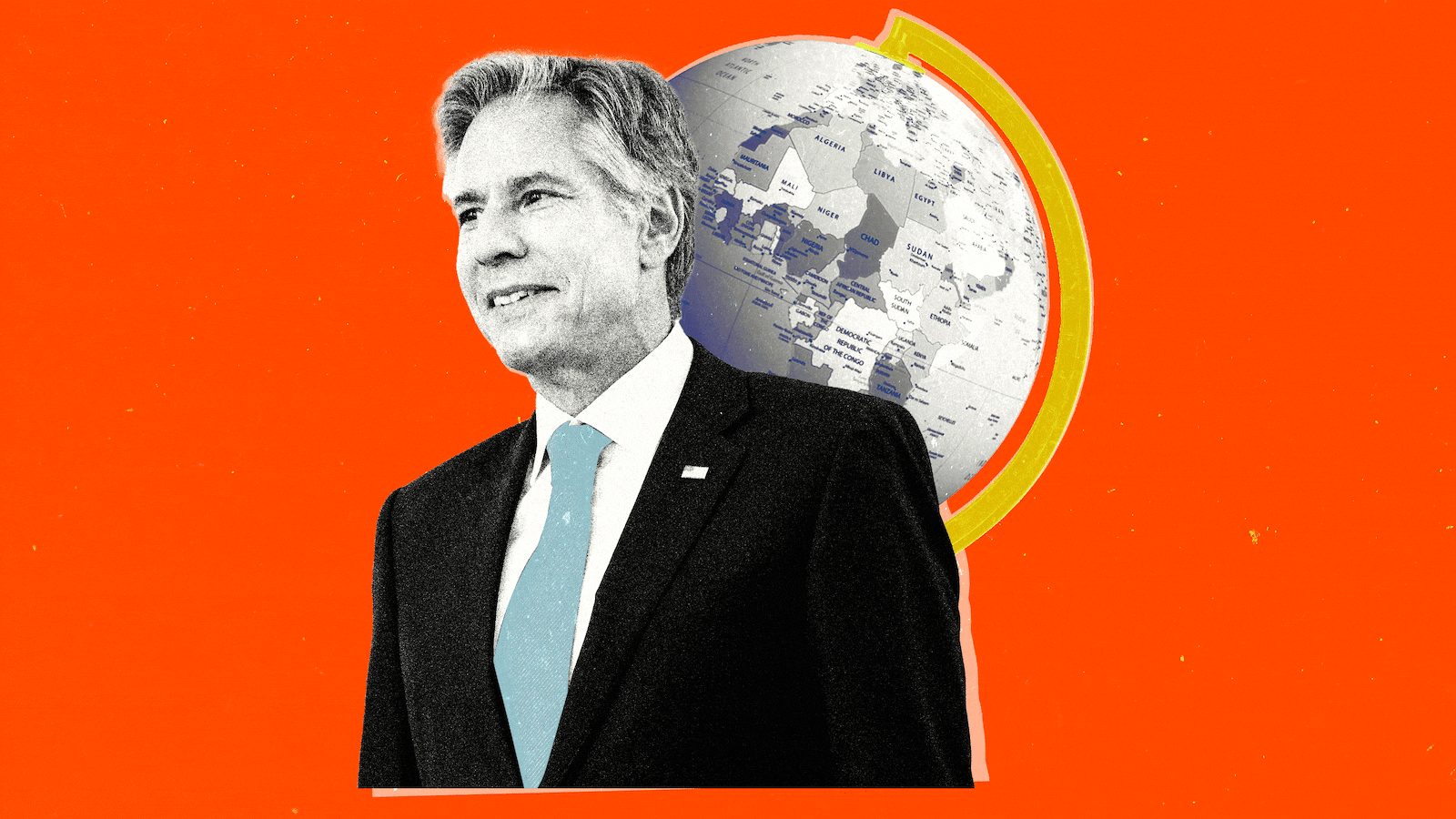 Photo illustrated gif of Antony Blinken with a spinning globe behind him on a red background