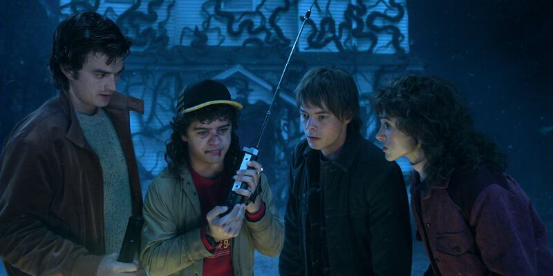 (L-R) Joe Keery as Steve Harrington, Gaten Matarazzo as Dustin Henderson, Charlie Heaton as Jonathan Byers, and Natalia Dyer as Nancy Wheeler.