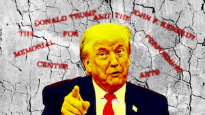 A photo illustration of Donald Trump, and the John F. Kennedy Center for the Performing Arts.