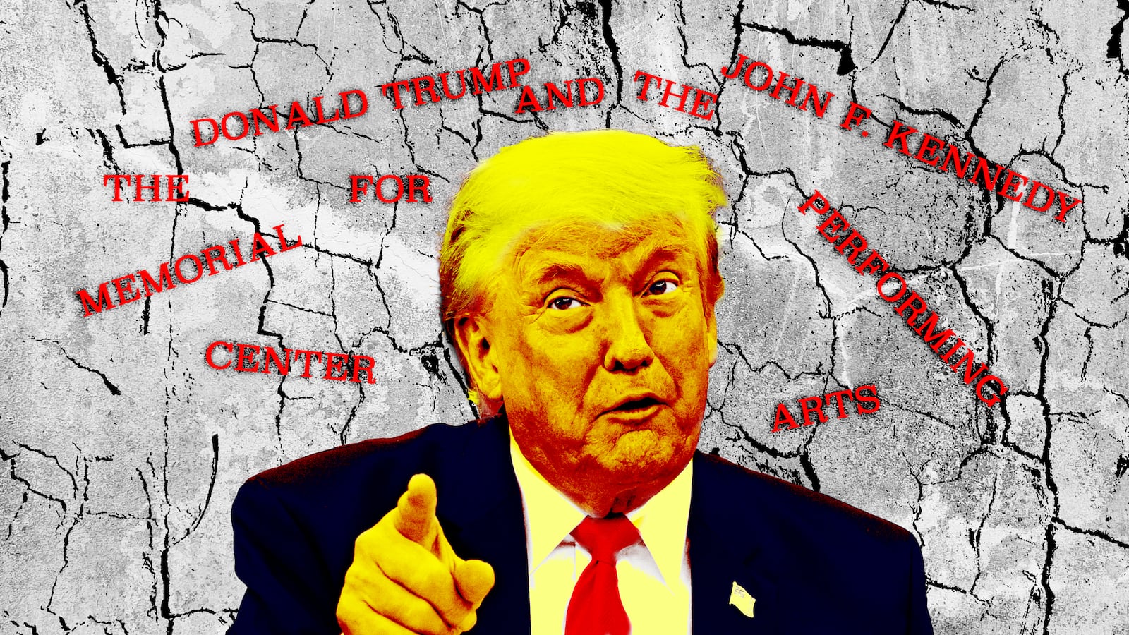 A photo illustration of Donald Trump, and the John F. Kennedy Center for the Performing Arts.