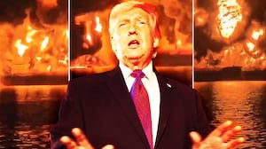A photo composite of Donald Trump in front of screen grabs from two oil tankers burning in the Persian Gulf.