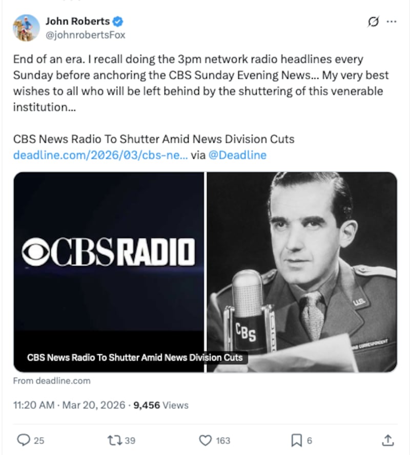 Roberts, a former CBS anchor, gave his best wishes to all those who lost their jobs.