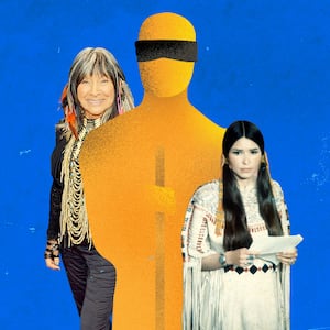 A photo illustration of an illustrated Oscat statue with a blindfold. Pictures of Sacheen Littlefeather and Buffy Sainte-Marie surround it. 