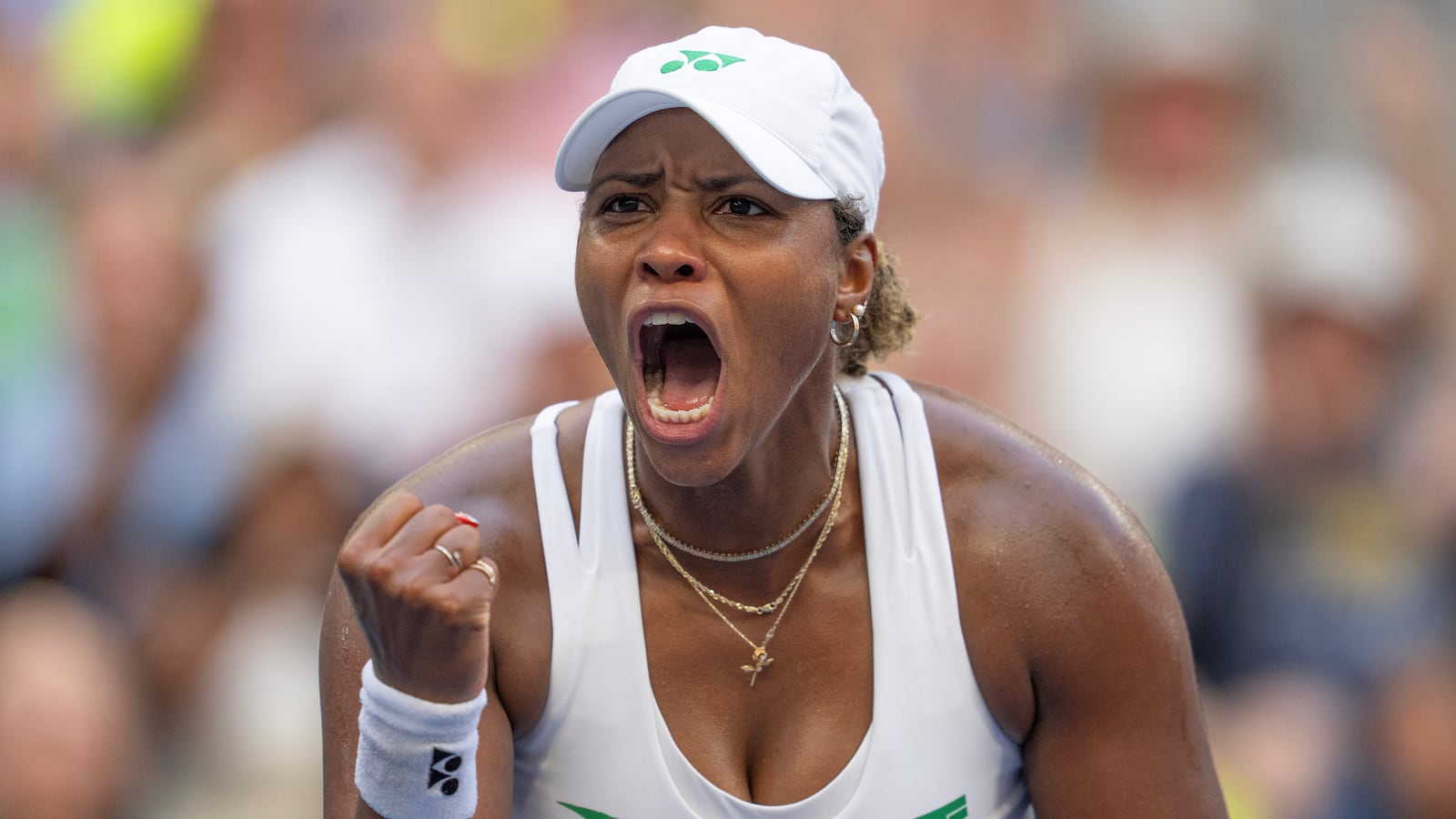 NEW YORK, NEW YORK - AUGUST 31: Taylor Townsend of the United States reacts while playing against Barbora Krejcikova of Czechia during the Women's Singles Fourth Round match on Day Eight of the 2025 US Open at USTA Billie Jean King National Tennis Center on August 31, 2025 in the Flushing neighborhood of the Queens borough of New York City. (Photo by Susan Mullane/ISI Photos/ISI Photos via Getty Images)