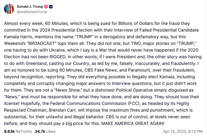 One of Trump's many screeds against '60 Minutes' on Truth Social.