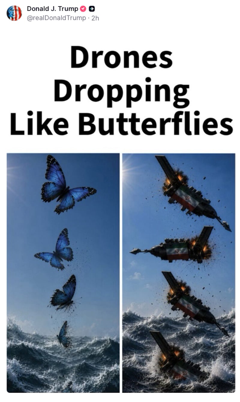 An AI generated image depicting drones “dropping like butterflies” into the ocean beside actual butterflies.