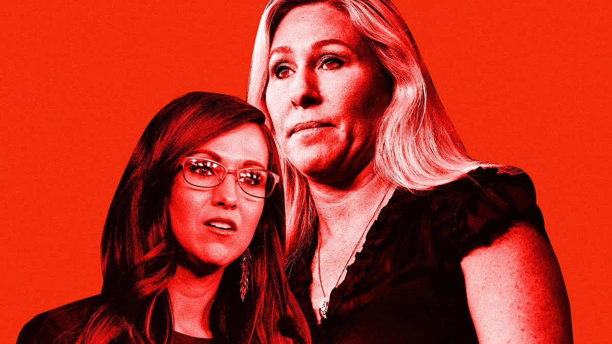 An illustration including photos of Marjorie Taylor Greene and Lauren Boebert