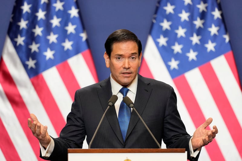 U.S. Secretary of State Marco Rubio speaks during a joint news conference with Hungary's Prime Minister Viktor Orban (not pictured) in Budapest, Hungary, February 16, 2026.