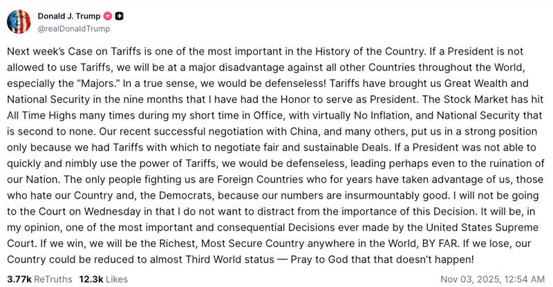 A screenshot of President Trump's Truth Social post.