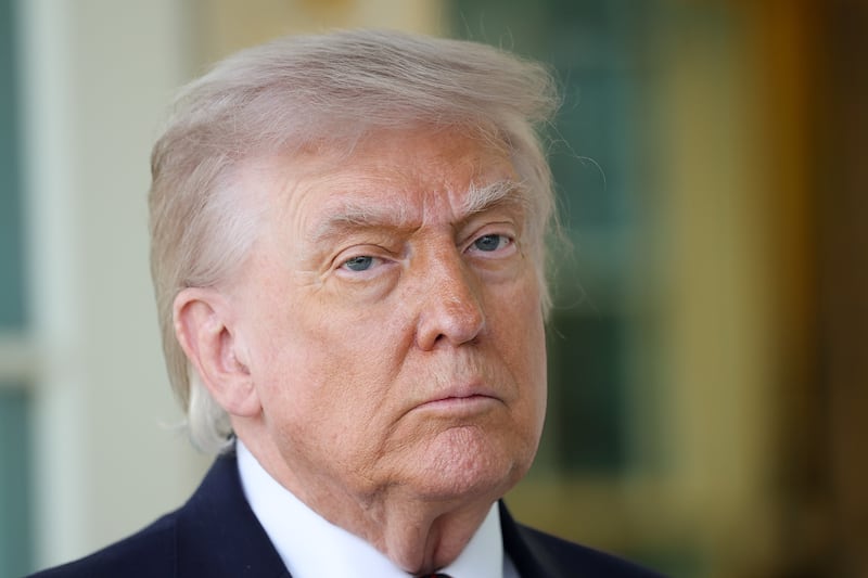 President Donald Trump speaks to the press during an event outside the Oval Office of the White House on April 13, 2026 in Washington, DC.