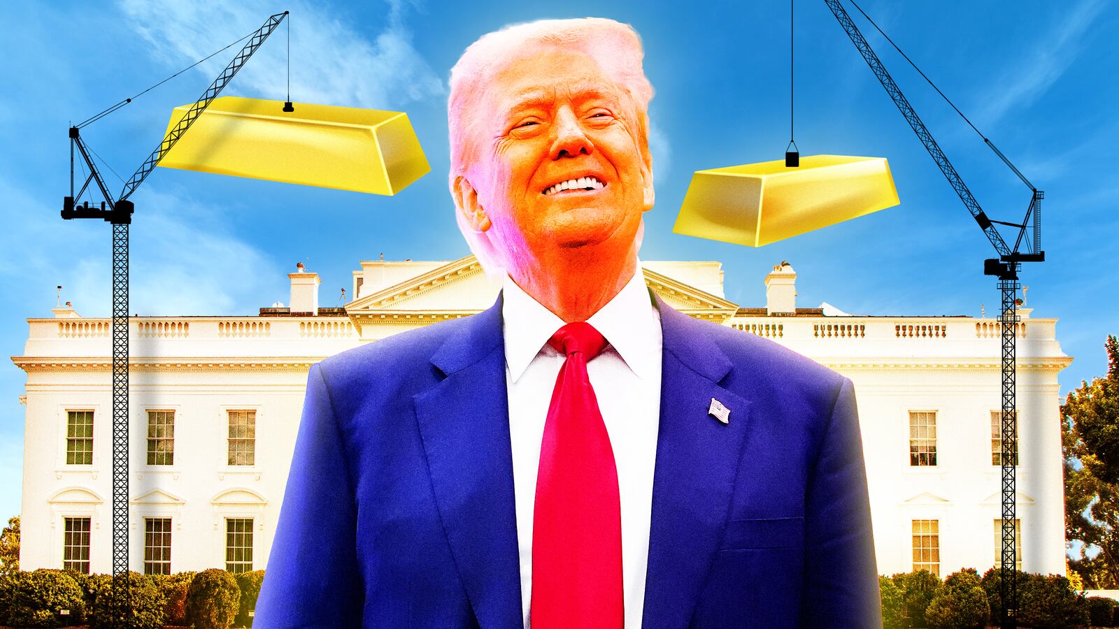 A photo illustration of Donald Trump in front of the White House with cranes holding gold bricks.