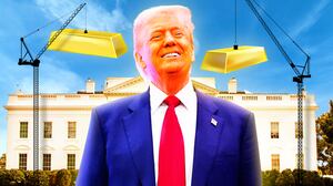 A photo illustration of Donald Trump in front of the White House with cranes holding gold bricks.