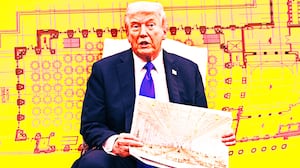 A photo illustration of President Donald Trump showing the floor plan of his planned ballroom.