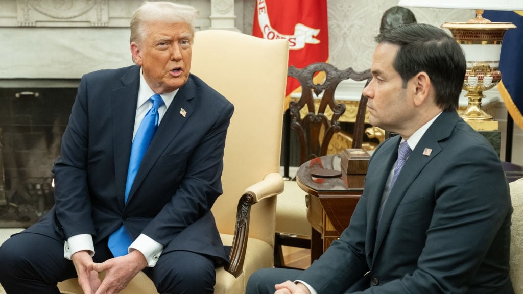 President Donald Trump and Secretary of State Marco Rubio attend a meeting with King Abdullah II of Jordan in the Oval Office.