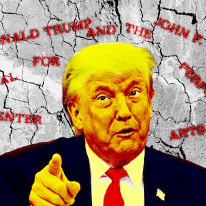 A photo illustration of Donald Trump, and the John F. Kennedy Center for the Performing Arts.