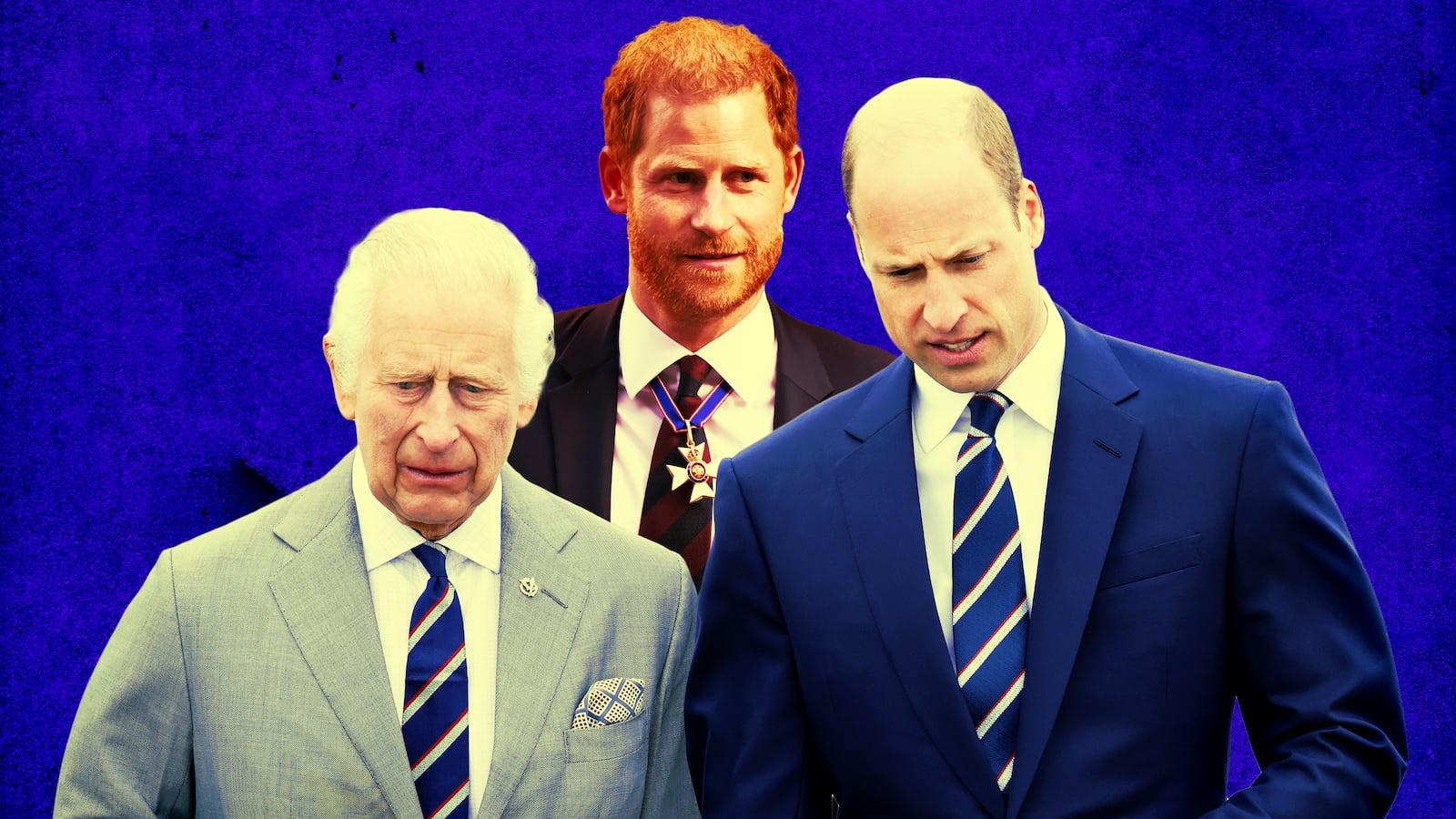 A photo illustration of King Charles, Prince Harry, and Prince William.