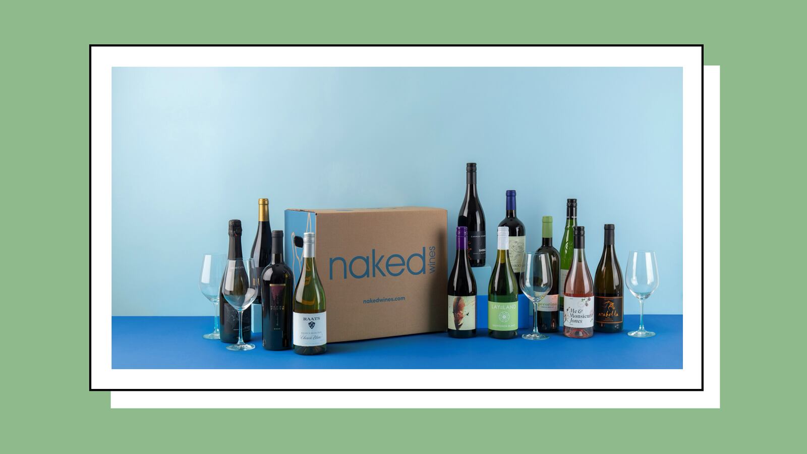 Naked Wines box on a blue background with an assortment of wines.