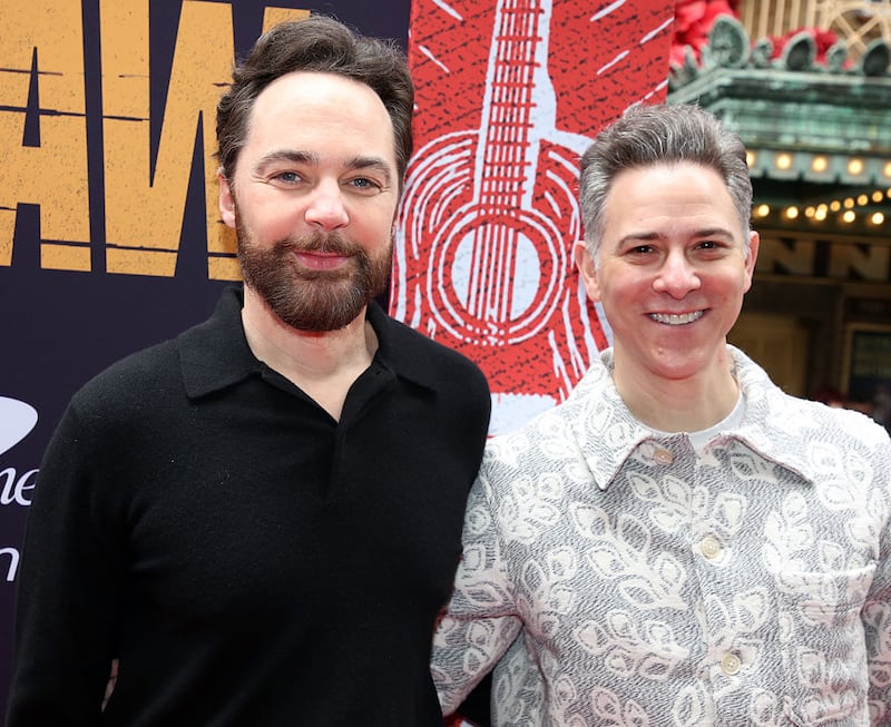 NEW YORK, NEW YORK - APRIL 27: Jim Parsons and Todd Spiewak pose at the opening night of the new musical "Dead Outlaw" on Broadway at The Longacre Theatre on April 27, 2025 in New York City. (Photo by Bruce Glikas/WireImage)