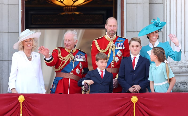 From left: Queen Camilla, King Charles III, Prince Louis, Prince William, Prince George, Princess Charlotte and Catherine, Princess of Wales on the balcony of Buckingham Palace during the Trooping the Colour on June 14, 2025 in London.