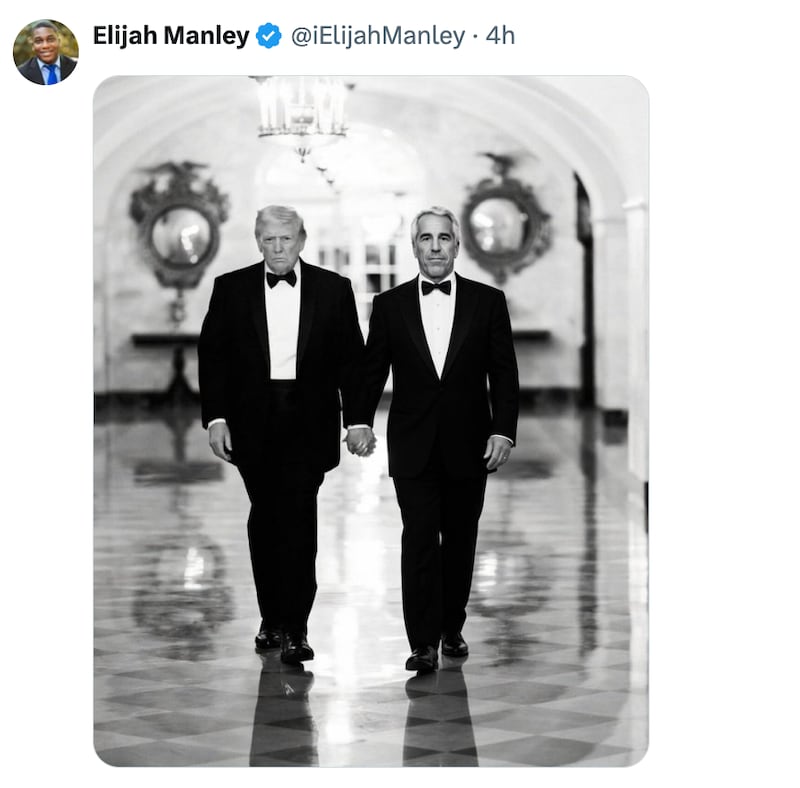 A response to the White House Valentine's Day post, featuring a Trump holding hands with Epstein instead of Melania.