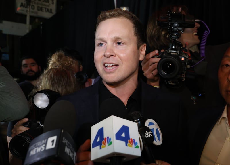 Los Angeles Mayoral candidate Spencer Pratt is seen speaking to reporters on election night in Los Angeles as the voters were still being counted and it remained unclear who would advance to the runoff to take on Mayor Karen Bass.