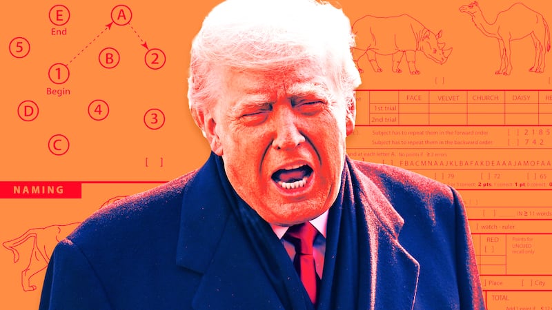 A photo illustration of Donald Trump in front of a Montreal Cognitive Assessment Test.