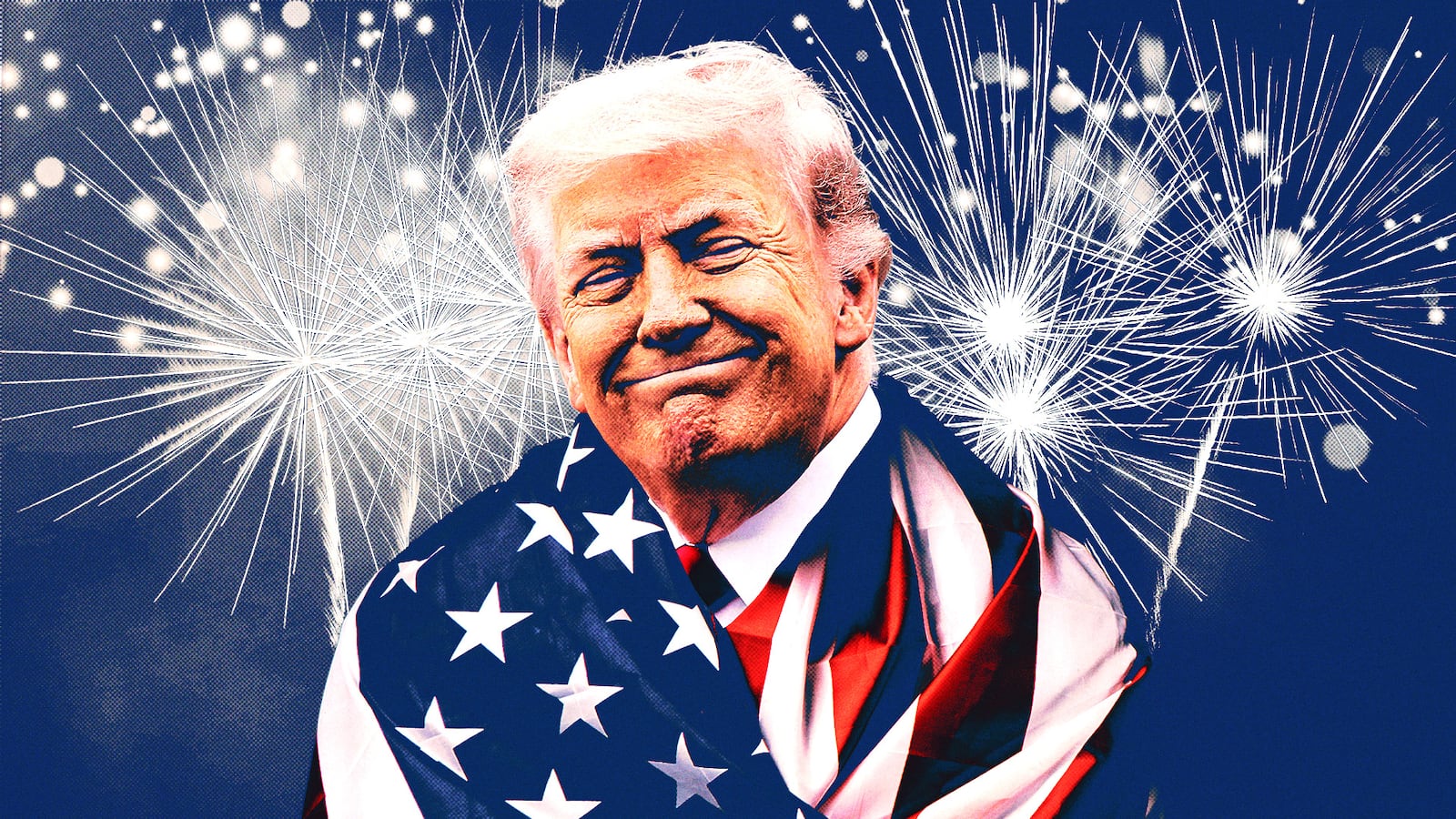 Donald Trump wraps himself in an American flag. illo illustration