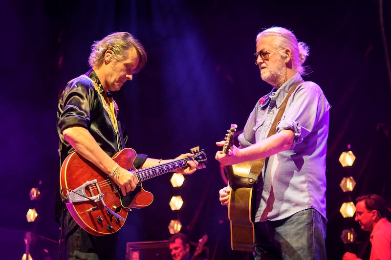 Jim Cuddy lead singer and Greg Keelor lead guitarist of the Canadian country rock band BLUE RODEO performing at a "Sold Out Show" at the Budweiser Stage in Toronto, Canada.